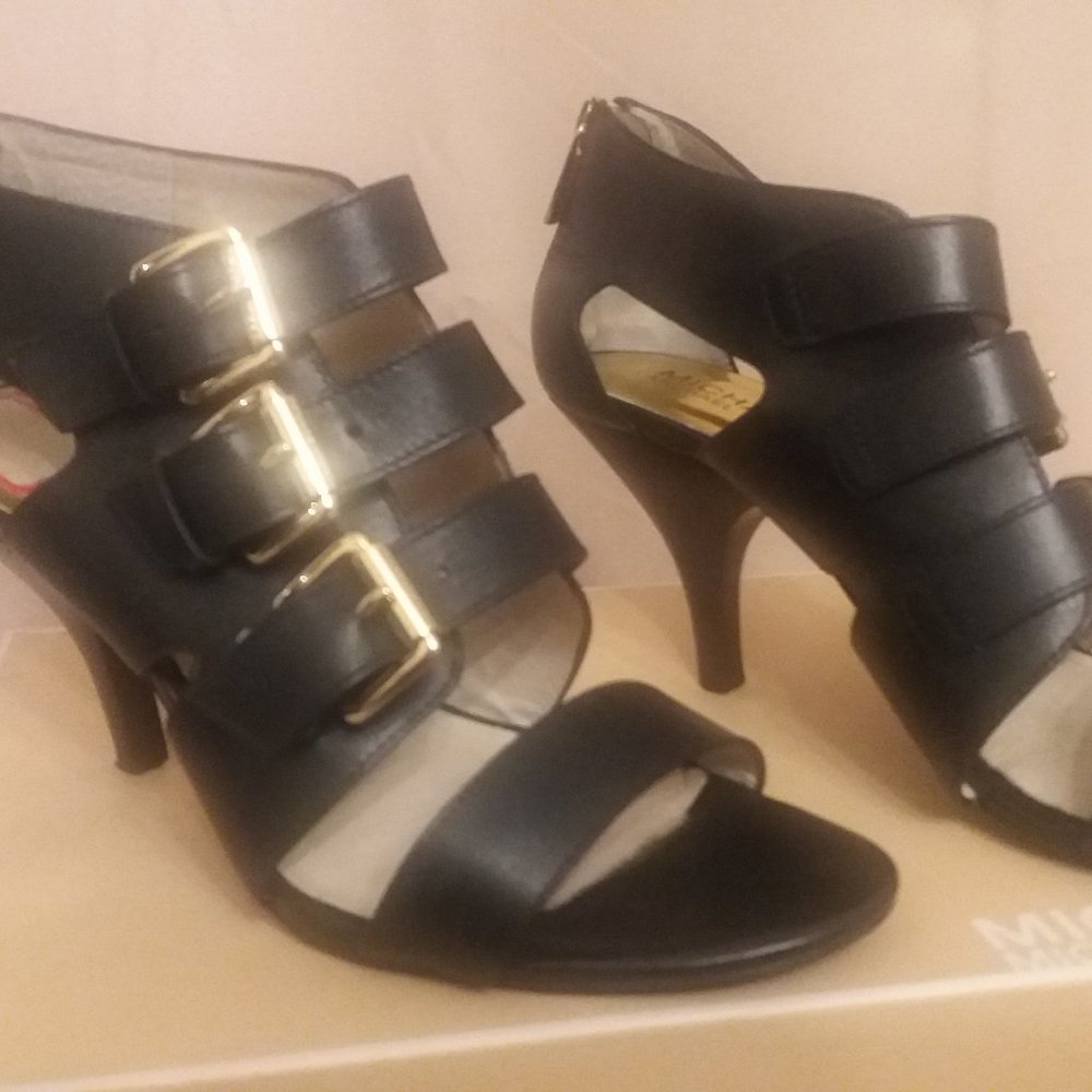 Michael Kors Viola Mid Black Leather Sandal Shoes